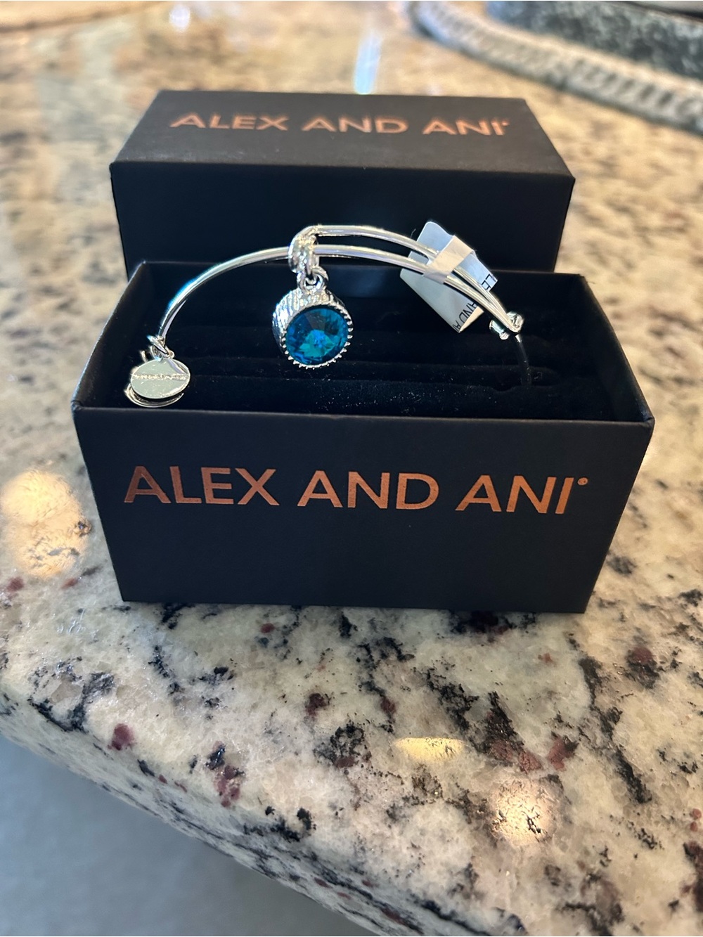 Alex and Ani Silver Bracelet with Teal Blue Crystal Charm